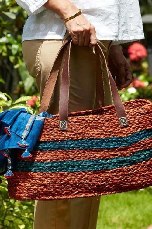 Kadam Haat Handmade Sabai Grass Shopping Bag - Orange & Indigo