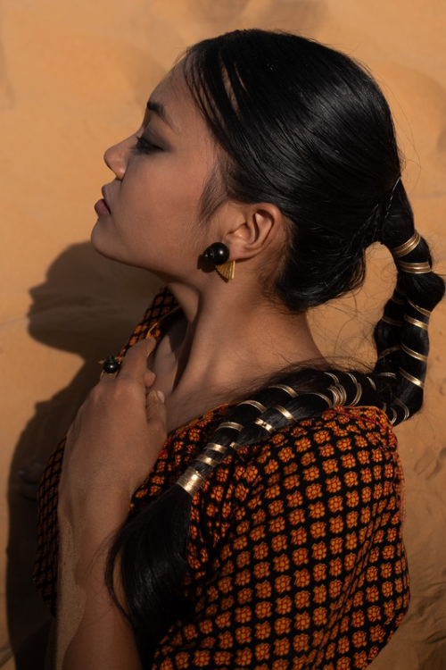 'Kabbish 'Bhavai-Half Kali Studs 2In1' Black Pottery, Terracotta, Earrings'