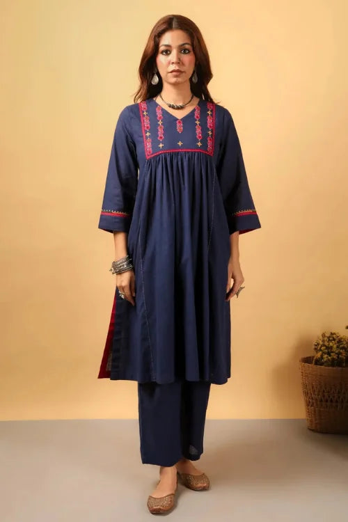 Rangsutra Kaanch Blue Front-Yoke Cotton Kurta With Pacca Hand Embroidery
