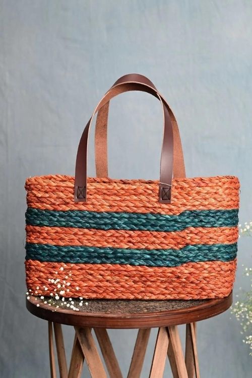 Kadam Haat Handmade Sabai Grass Shopping Bag - Orange & Indigo
