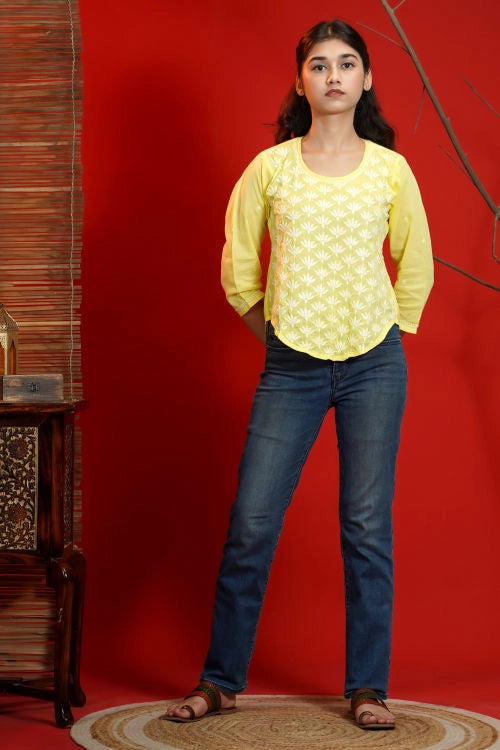 Shwet Women Hand Embroidered "Pastel Poise" Yellow Short Top