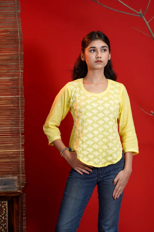 Shwet Women Hand Embroidered "Pastel Poise" Yellow Short Top