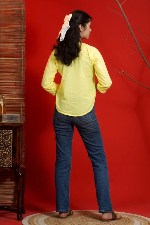 Shwet Women Hand Embroidered "Pastel Poise" Yellow Short Top