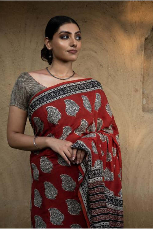 TICH Classic Appeal. Bagru Hand Block Printed Modal Silk Saree - Red Paisleys
