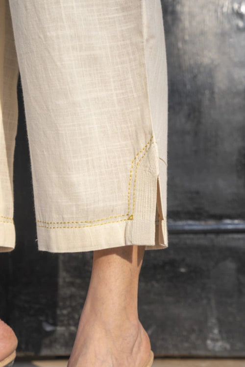 Rangsutra Suhani White Straight-Fit Cotton Pant With Kantha Hand Embroidery