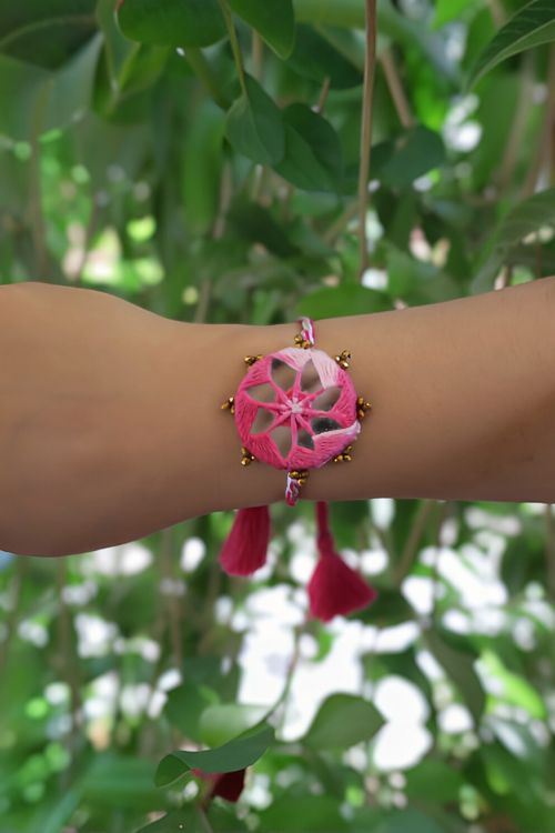 Antarang  (Set Of 2) Mirror Work, 100% Cotton, Shaded Pink Kanaaha Bhai Rakhi. Made By Divyang Rural Women