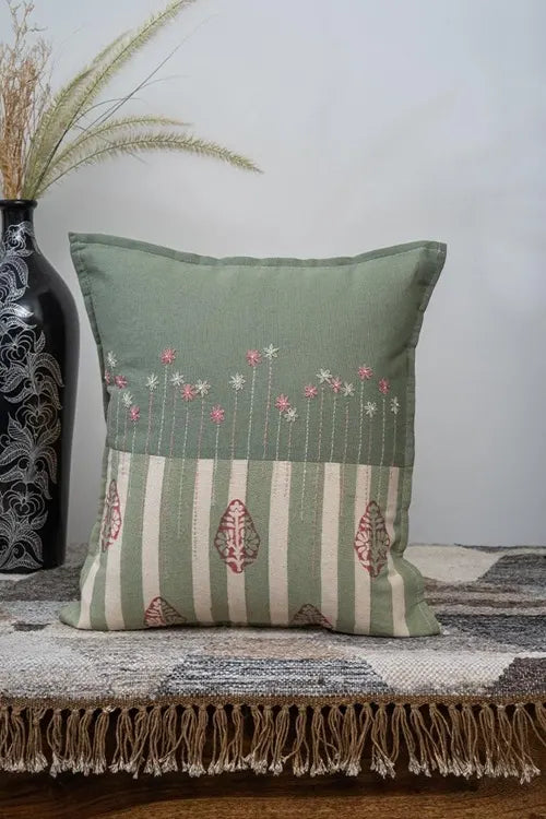 Craftroots Peach & Mint Daisy Hand-Embroidered Cushion Cover Set Of 2