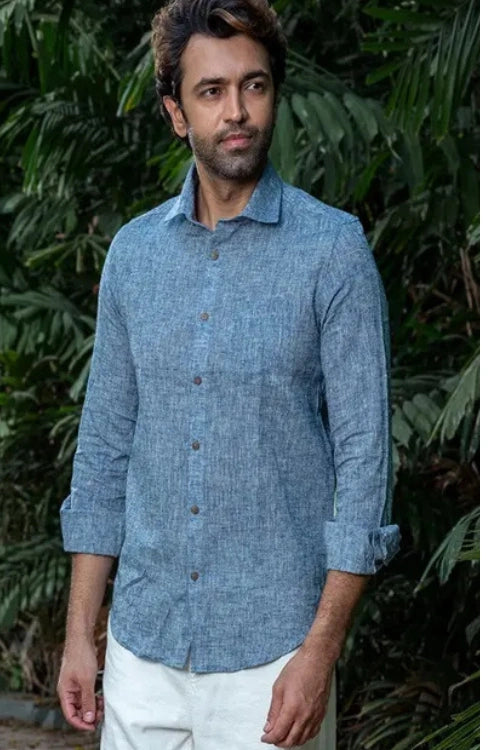 Craftroots Handwoven Blue Linen Shirt
