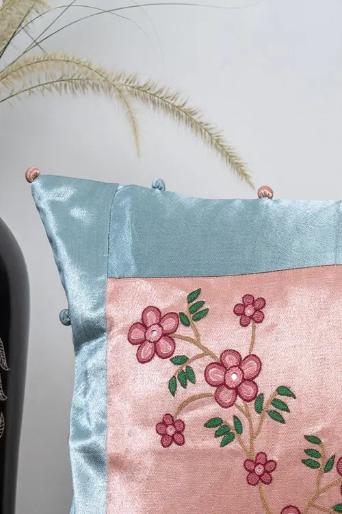 Craftroots Peach Floral Aari Hand-Embroidered Cushion Cover