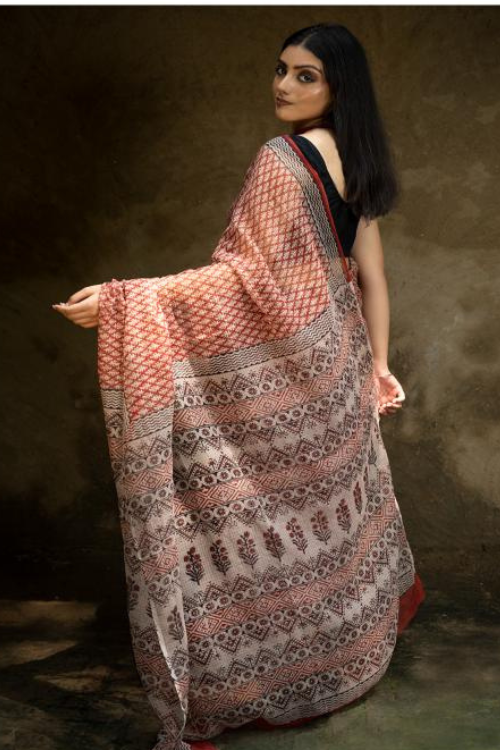 TICH Classic Appeal. Bagru Hand Block Printed Kota Doria Saree - Red Ornate