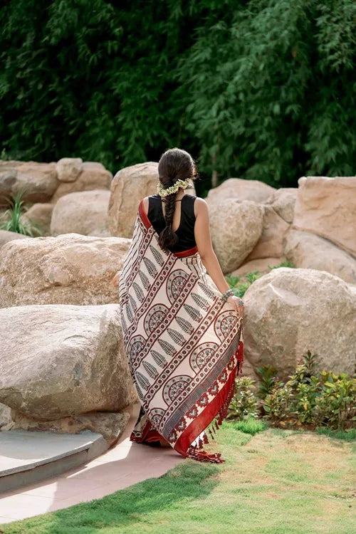 Craftroots Ajrakh Modal Silk Red and White Saree
