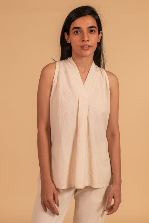 Moralfibre Over Lapping V Neck Incut Sleeve Top From "Shapes Collection " - Ecru