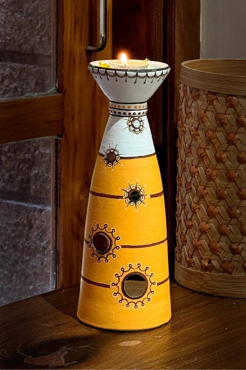 Antarang: Terracotta- Handpainted - Set Of Yellow Disc Diyas & Long Diya