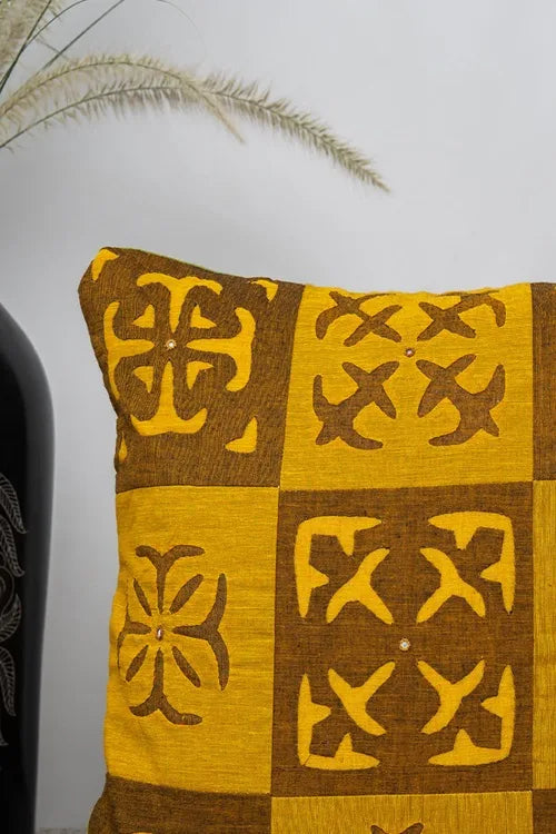 Craftroots Handcrafted Applique Mustard Cushion Cover