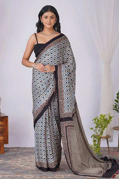 TENAARO Geometry Black Ajrakh Hand Block Printed Modal Silk Saree