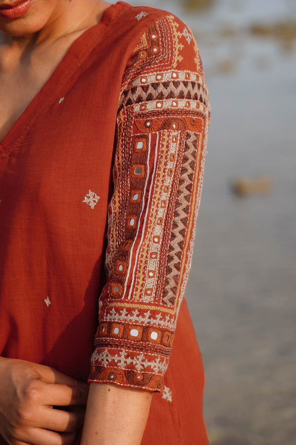 Okhai "Naarang" Hand-Embroidered and Mirror work Pure Cotton V-Neckline Kurta