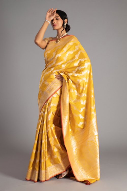 Yellow Handloom Banarasi Pure Katan Silk Kadwa Aara  Saree