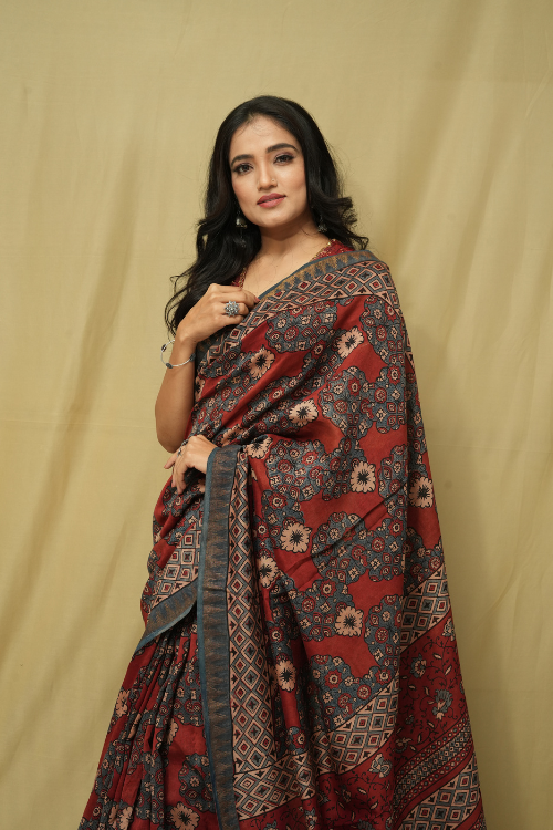 Chaderi Red Ajrakh Print Saree | Jabbar Khatri