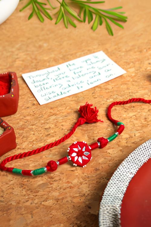 Antarang- Patwa Mirror Work, 100% Cotton, Bhai Rakhi Set. Marron-Green. Made By Divyang Rural Women.