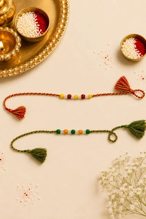 Antarang- Navrang Bead Rakhi- Set Of 2- Green, Yellow Rakhi+ Red, Bright Yellow Rakhi