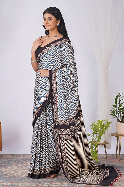 TENAARO Geometry Black Ajrakh Hand Block Printed Modal Silk Saree