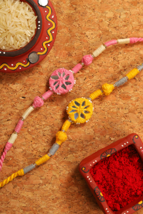 Antarang- Patwa Mirror Work, 100% Cotton, Bhai Rakhi Set. Light Pink-Yellow Made By Divyang Rural Women.