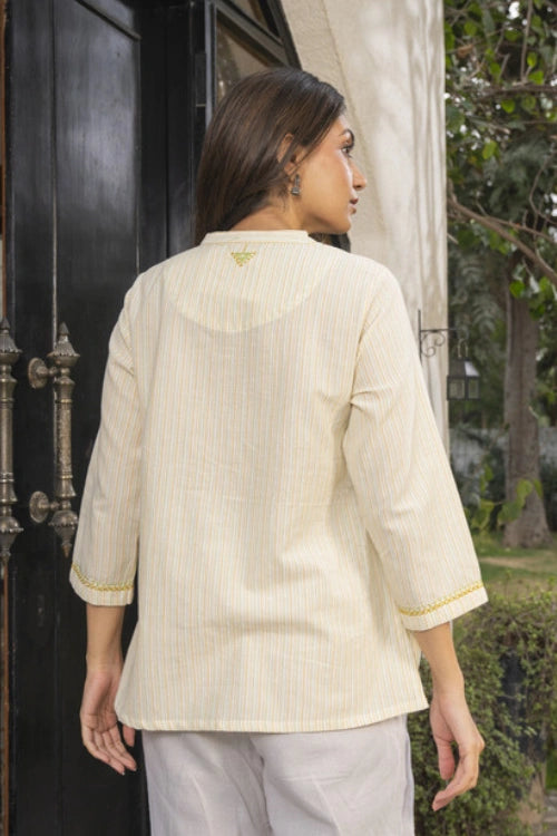 Rangsutra Suhani Cream Collared Cotton Top With Soof Hand Embroidery