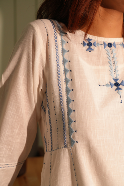 Rangsutra Dhwani White- Blue Flared Cotton Kurta With Soof Hand Embroidery