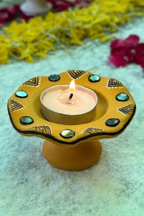 Antarang: Terracotta- Handpainted - Yellow Flower Diya Set Of 6