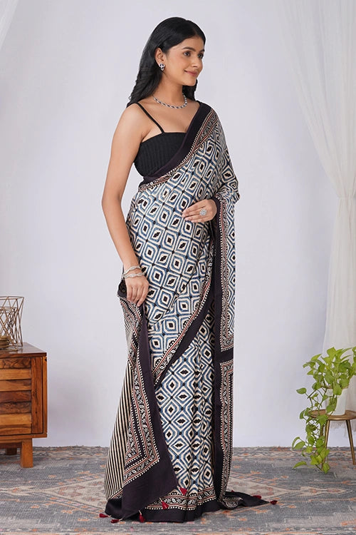 TENAARO Geometry Black Ajrakh Hand Block Printed Modal Silk Saree