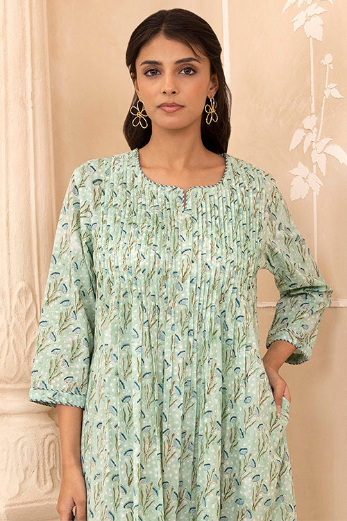 Shuddhi Mint Green Handblock Pleated Dress