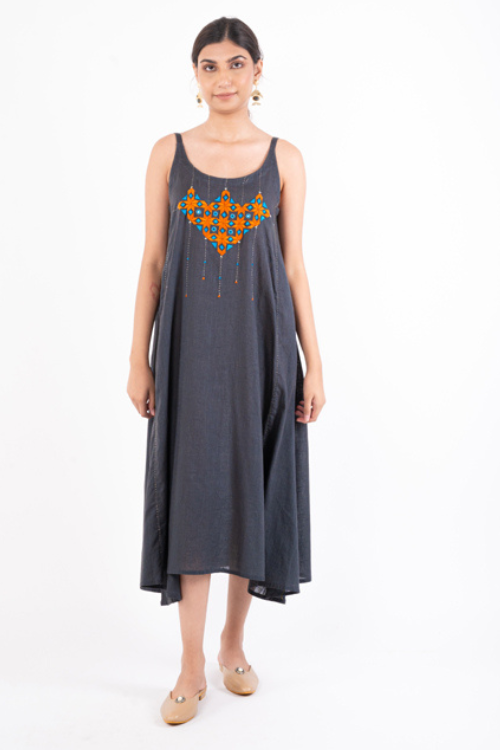 Rangsutra Naman Charcoal Soof Hand Embroidered Midi Dress