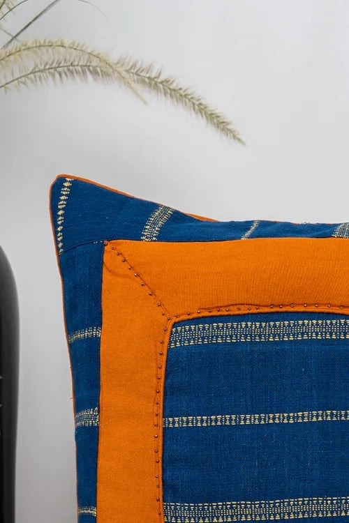 Craftroots Blue-Rust Bhujodi Tucks Cushion Cover