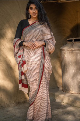 Exclusive Bagh Hand Block Printed Cotton Off-White, Black & Red Saree - Floret Buds
