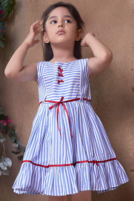 Soleilclo "Coastal Charm" Sleeveless Blue Striped Cotton Dress With Satin Belt And Bows