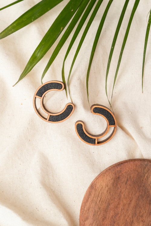 Whe Black Compassion Upcycled Fabric And Repurposed Wood Earring