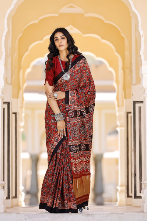 Tenaaro Ajrakh Hand Block Printed Modal Tissue Pallu Saree (Red-1)