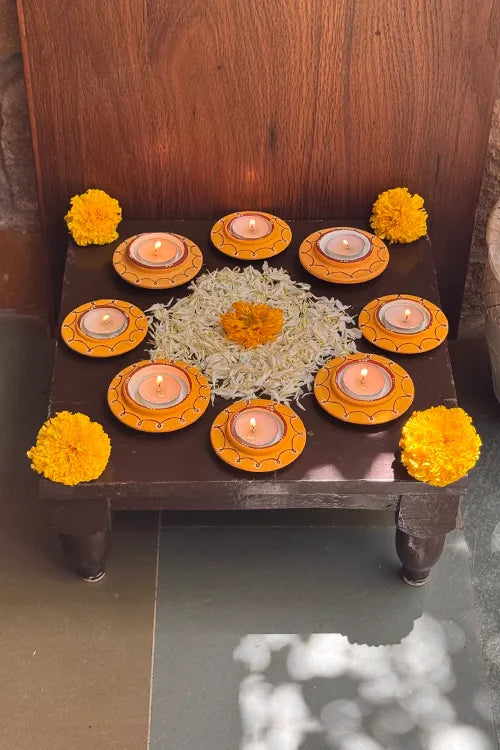 Antarang: Terracotta- Handpainted - Yellow Disc Diya Set Of 8