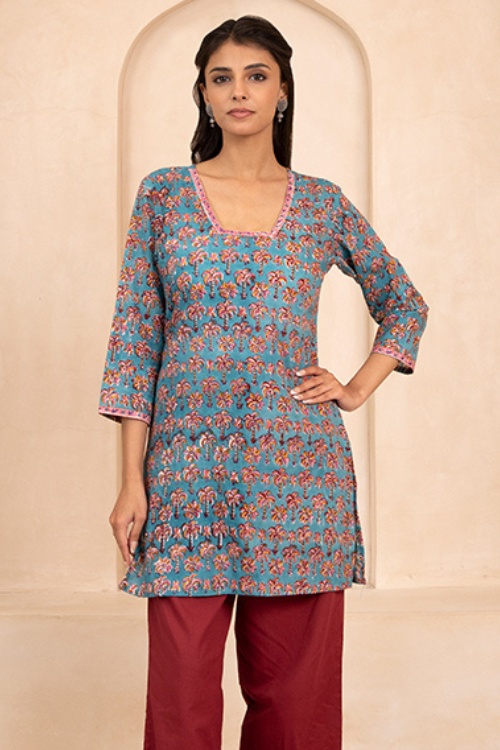 Shuddhi Sea Green Handblock Printed Short Kurti