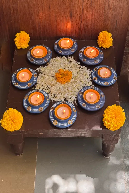 Antarang: Terracotta- Handpainted - Blue Rhythm Disc Diya With Mirror Set Of 8