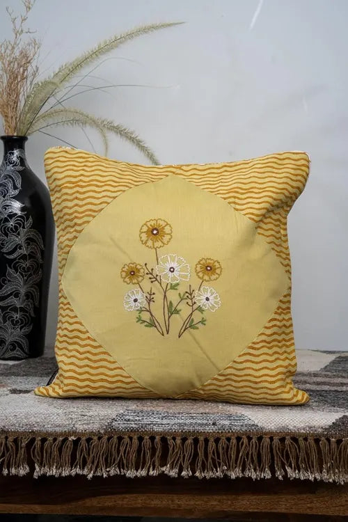 Craftroots Pastel Yellow Aari Hand-Embroidered Floral Cushion Cover Set Of 2