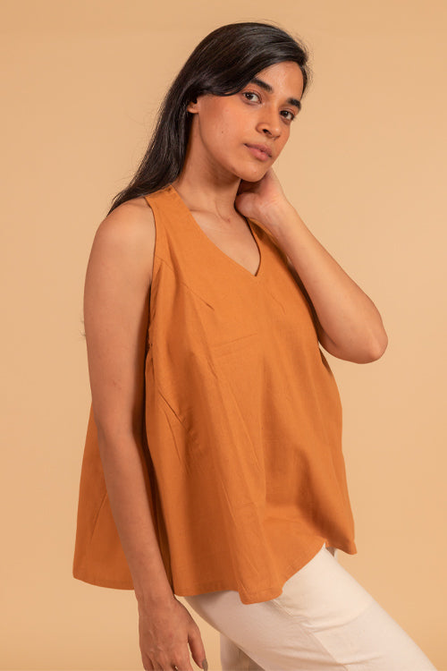 Moralfibre V Neck Incut Sleeves Top With Elasticated Side Panel From "Shapes Collection " - Golden Brown