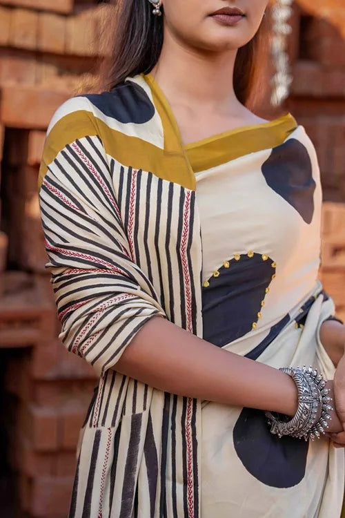 Craftroots Polka Dots Block Printed Modal Silk Saree