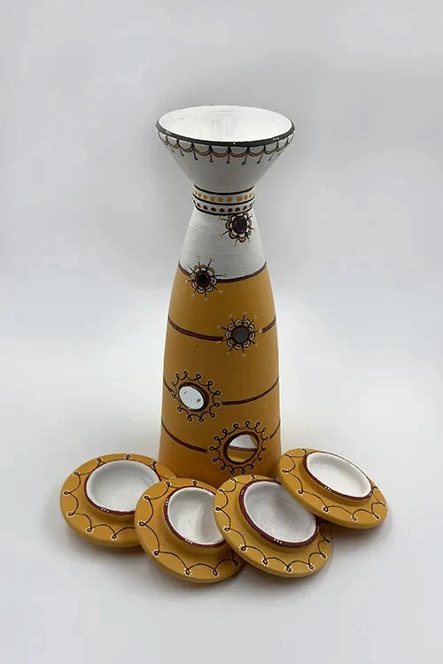 Antarang: Terracotta- Handpainted - Set Of Yellow Disc Diyas & Long Diya