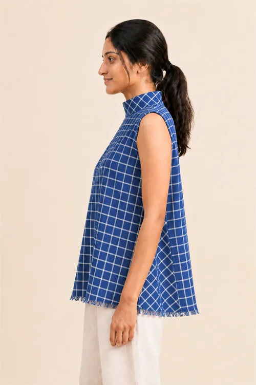 Moralfibre Highneck Side Pannel Checkered Indigo Top