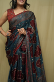 Ajrakh Print Modal Tissue Pallu Red Saree | Jabbar Khatri