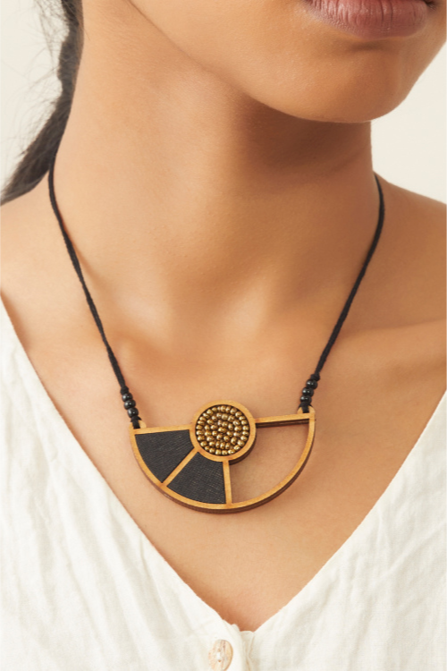 Whe Black Geometrical Repurposed Fabric And Wood Pendant