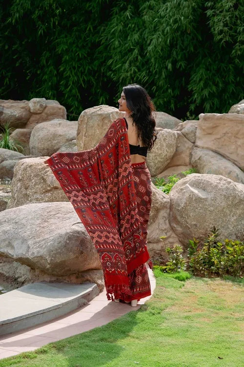 Craftroots Orange-Black Ajrakh Modal Saree With Tassels