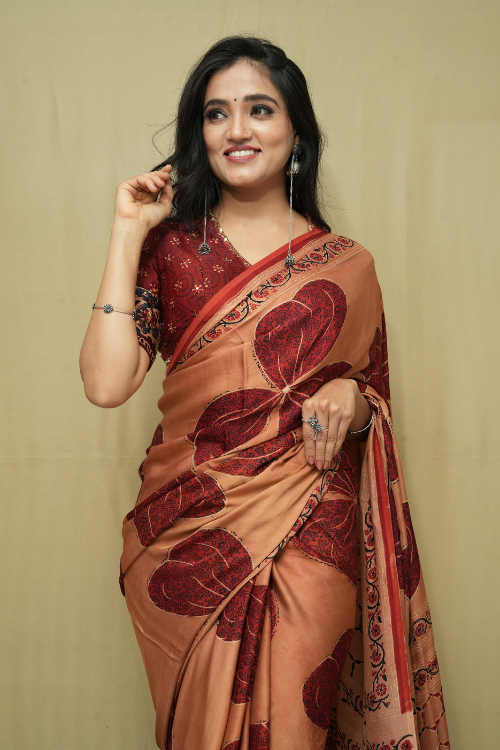 Modal Orange Tissue Pallu Saree | Jabbar Khatri
