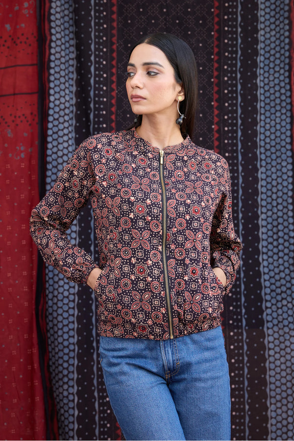 Okhai 'Raisin' Pure Cotton Ajrakh Handblock Printed Bomber Jacket